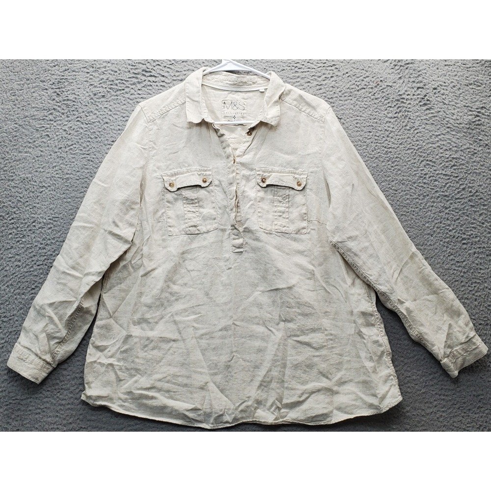 M&S Collection Blouse Top Womens Size Uk 20 Tan Long Sleeve Pockets Button Front